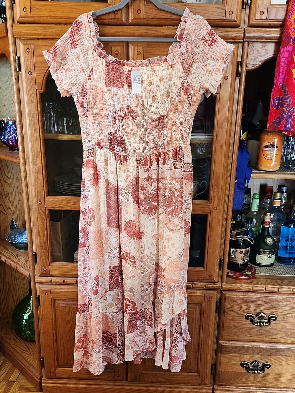Floral Patchwork Smocked Midi Dress in Dusty Rose